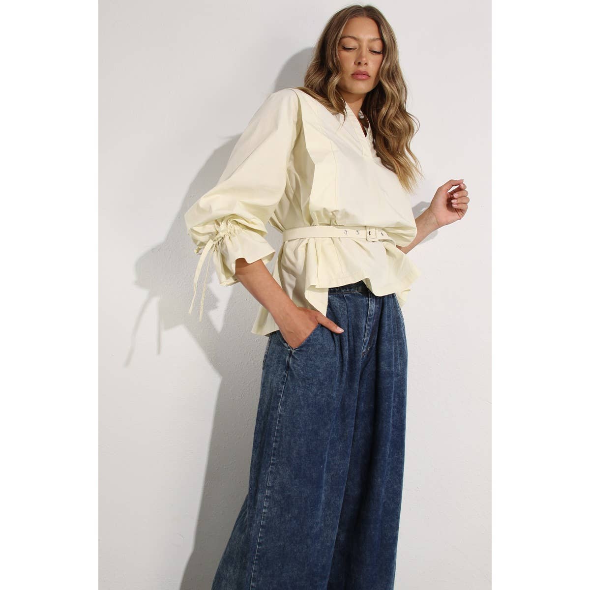 PLEATED IN BACK COTTON BLOUSE