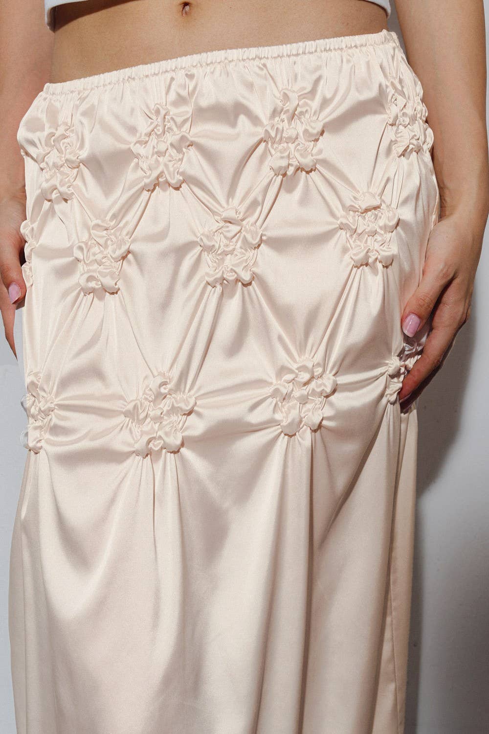 A4126S Woven Satin Midi Skirt With Floral Smocking Detail