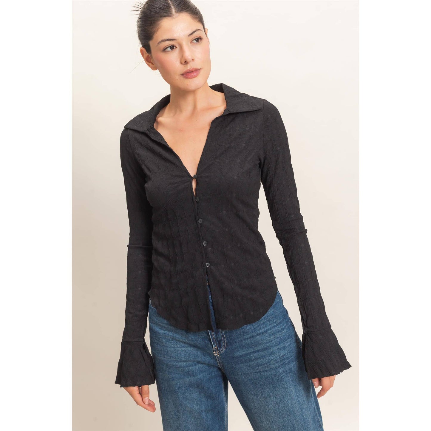 Textured Button-Up Collared Top