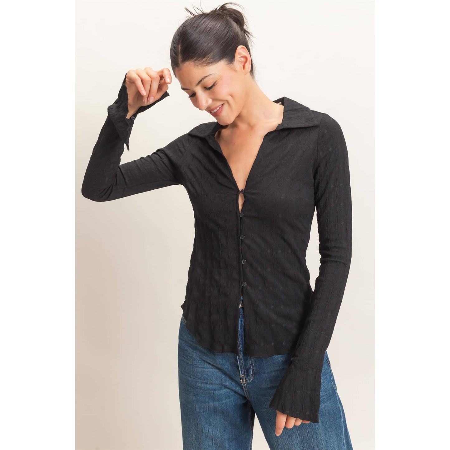 Textured Button-Up Collared Top