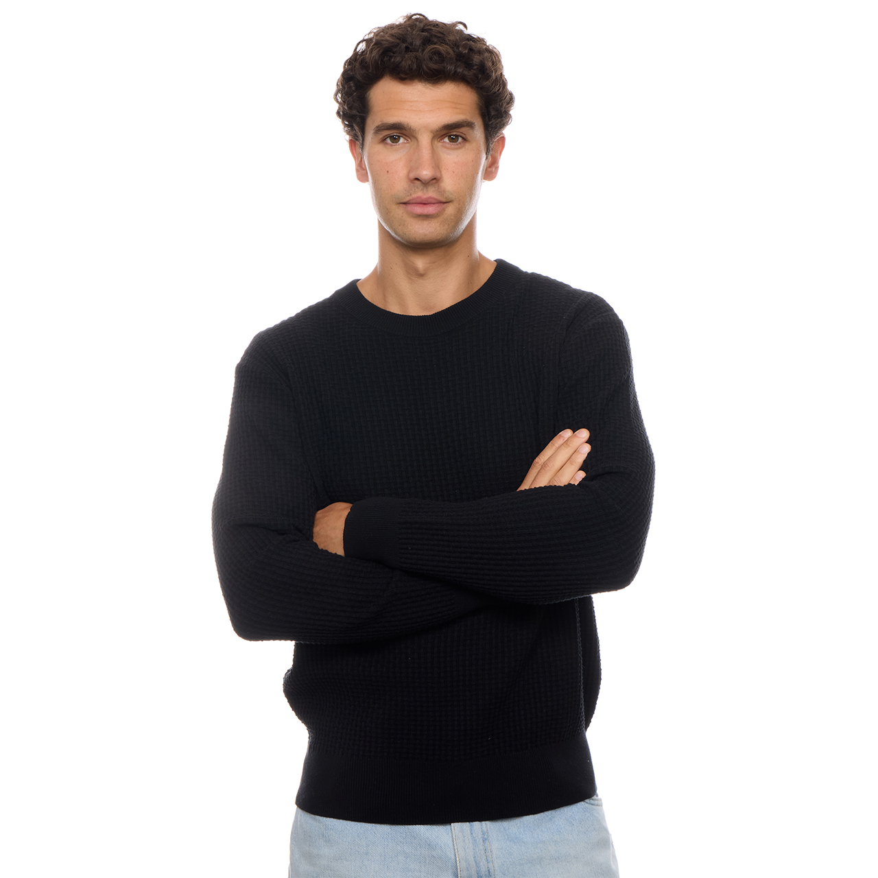 Allen Solid Textured 100% Cotton Sweater -Black
