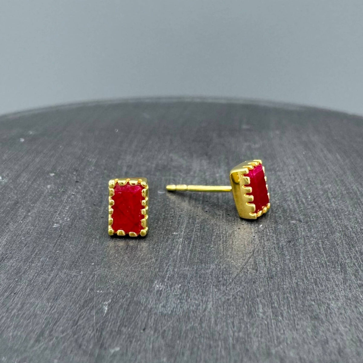 Crown Bezel Rectangle Ruby Studs