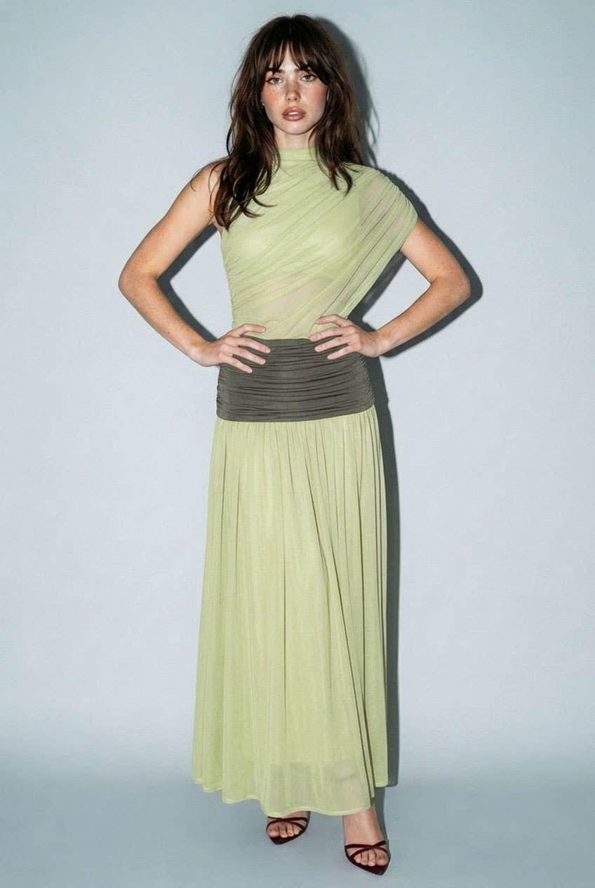 Colorblock Mesh Maxi Dress with Contrast Waist