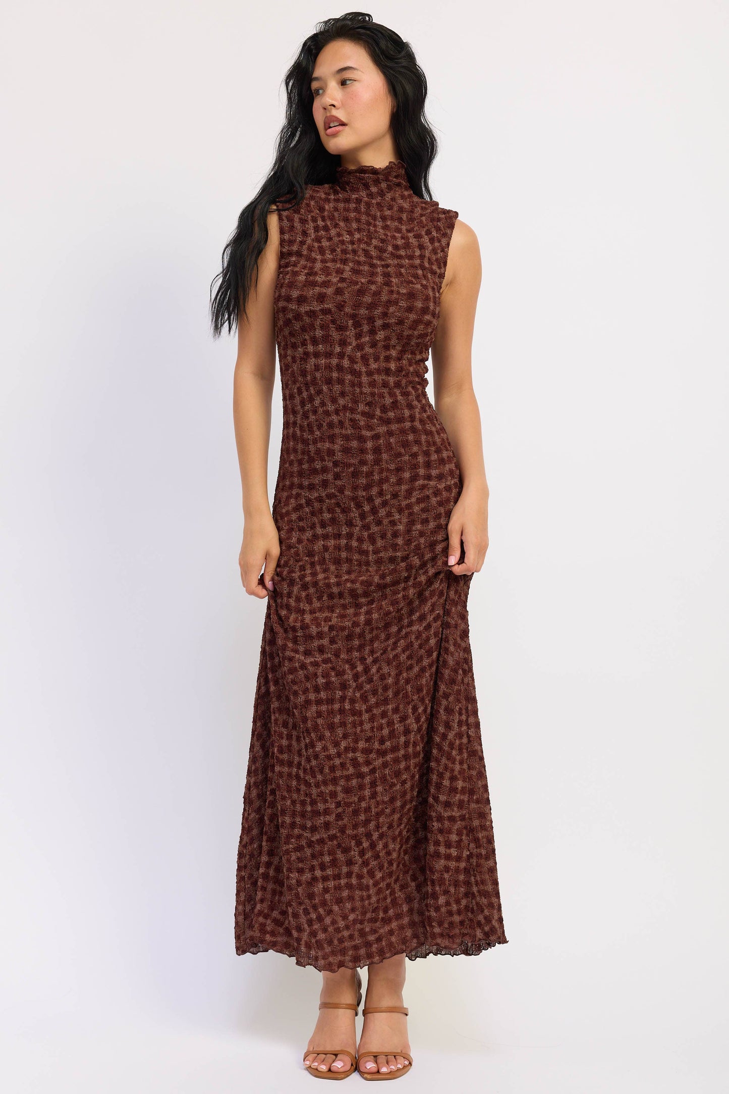 SMOCKED MAXI RUFFLE DRESS WITH MOCK NECK