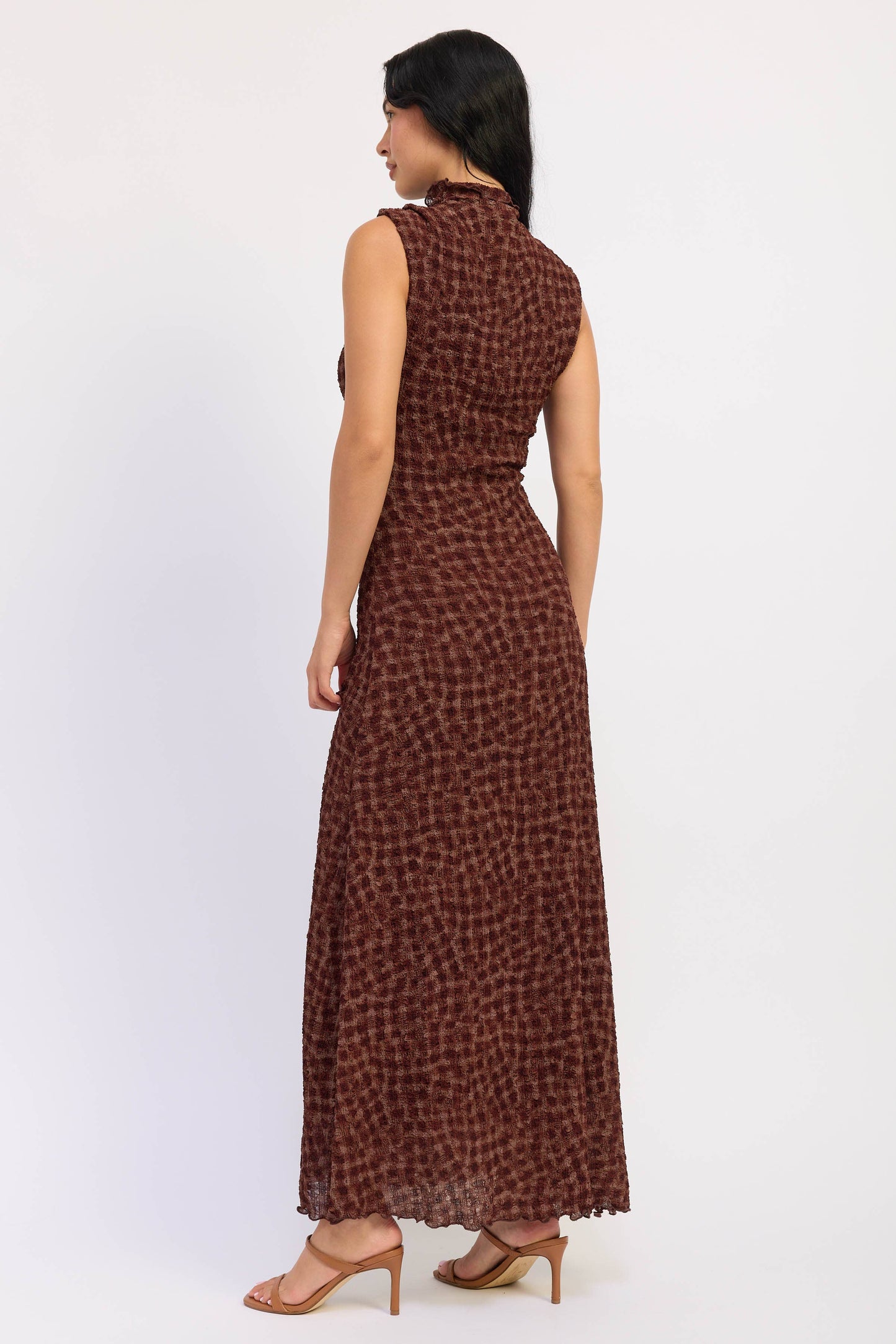 SMOCKED MAXI RUFFLE DRESS WITH MOCK NECK