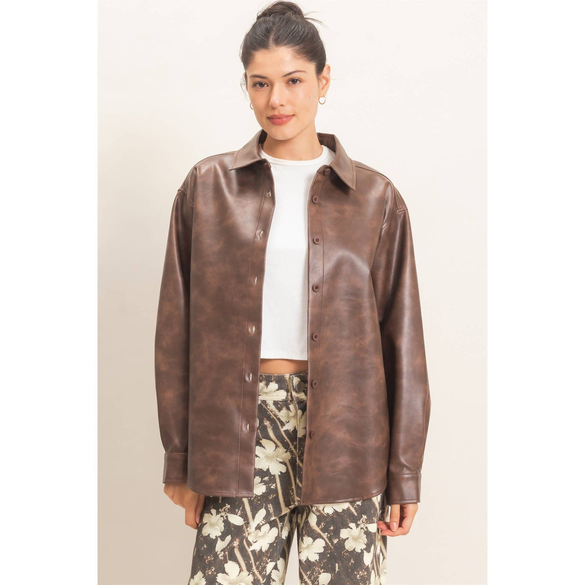 Faux Leather Button-Down Shirt