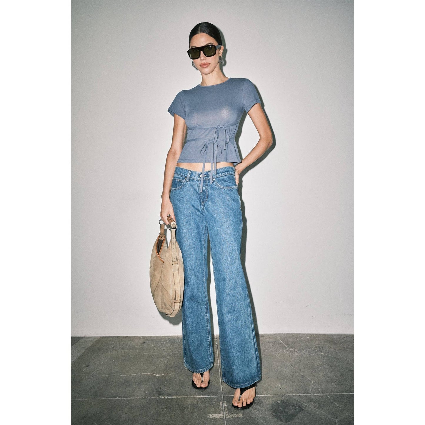Amber Fine Knit Tie Waist Short Sleeve Tee Top