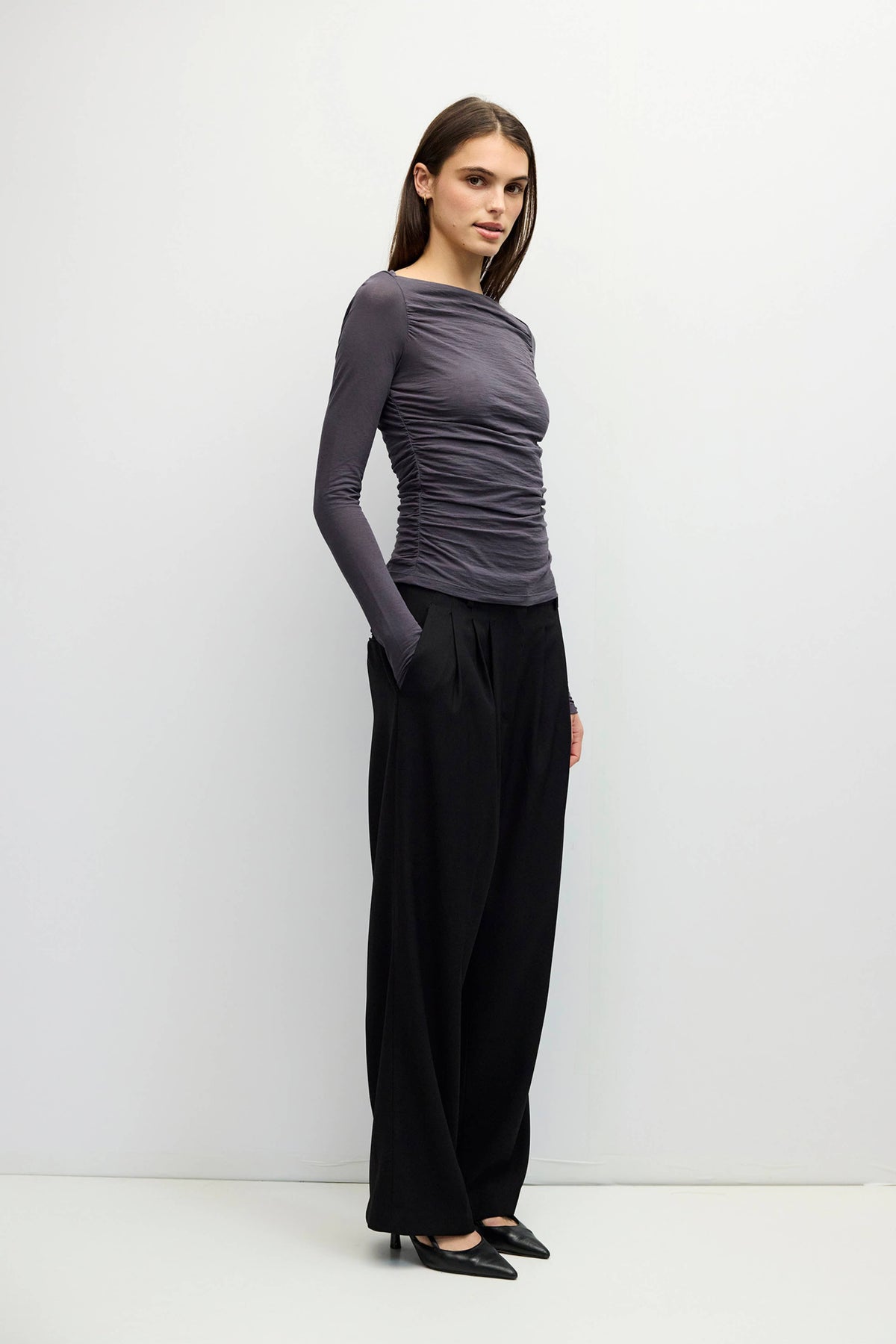 The April Top | Wide Neck Pleated Knit LS Top