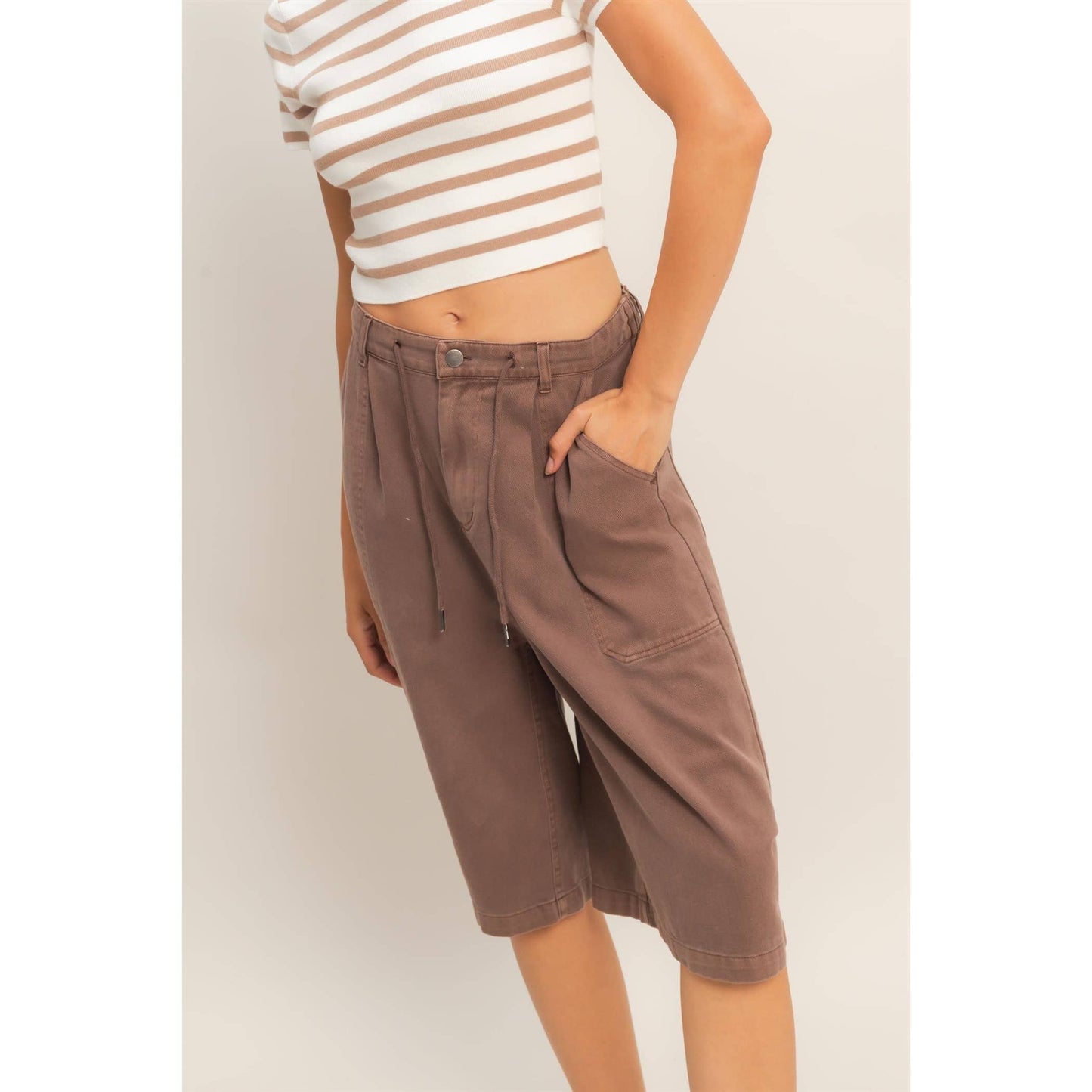 Drawstring Waist Wide Leg Jorts
