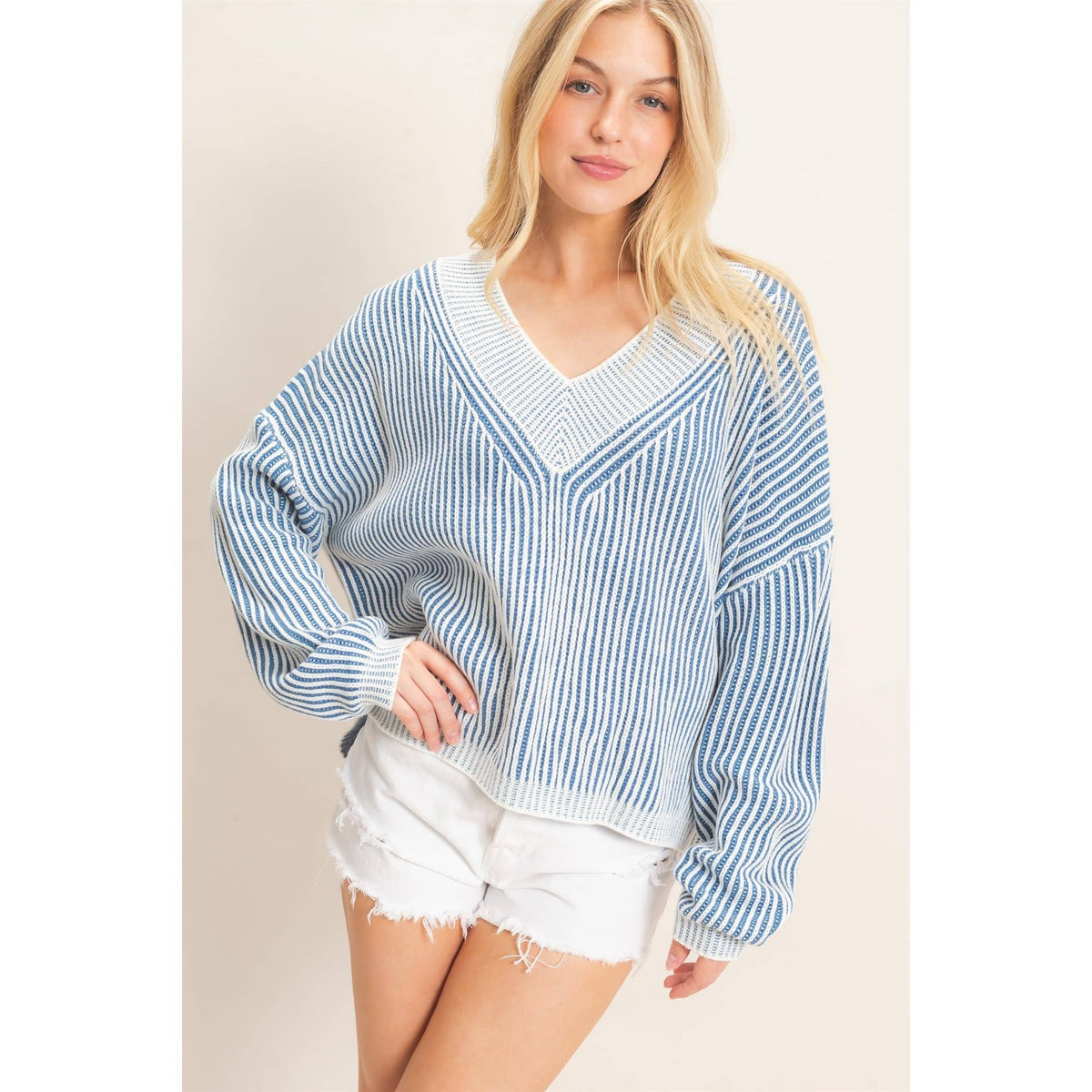 Striped V-Neck Ribbed Sweater