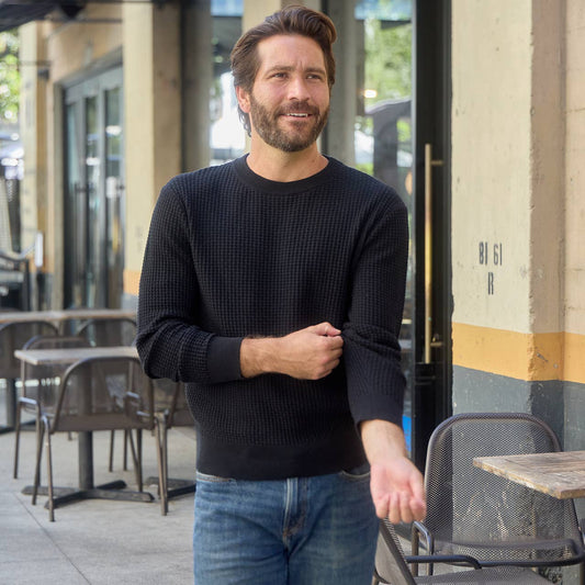 Allen Solid Textured 100% Cotton Sweater -Black