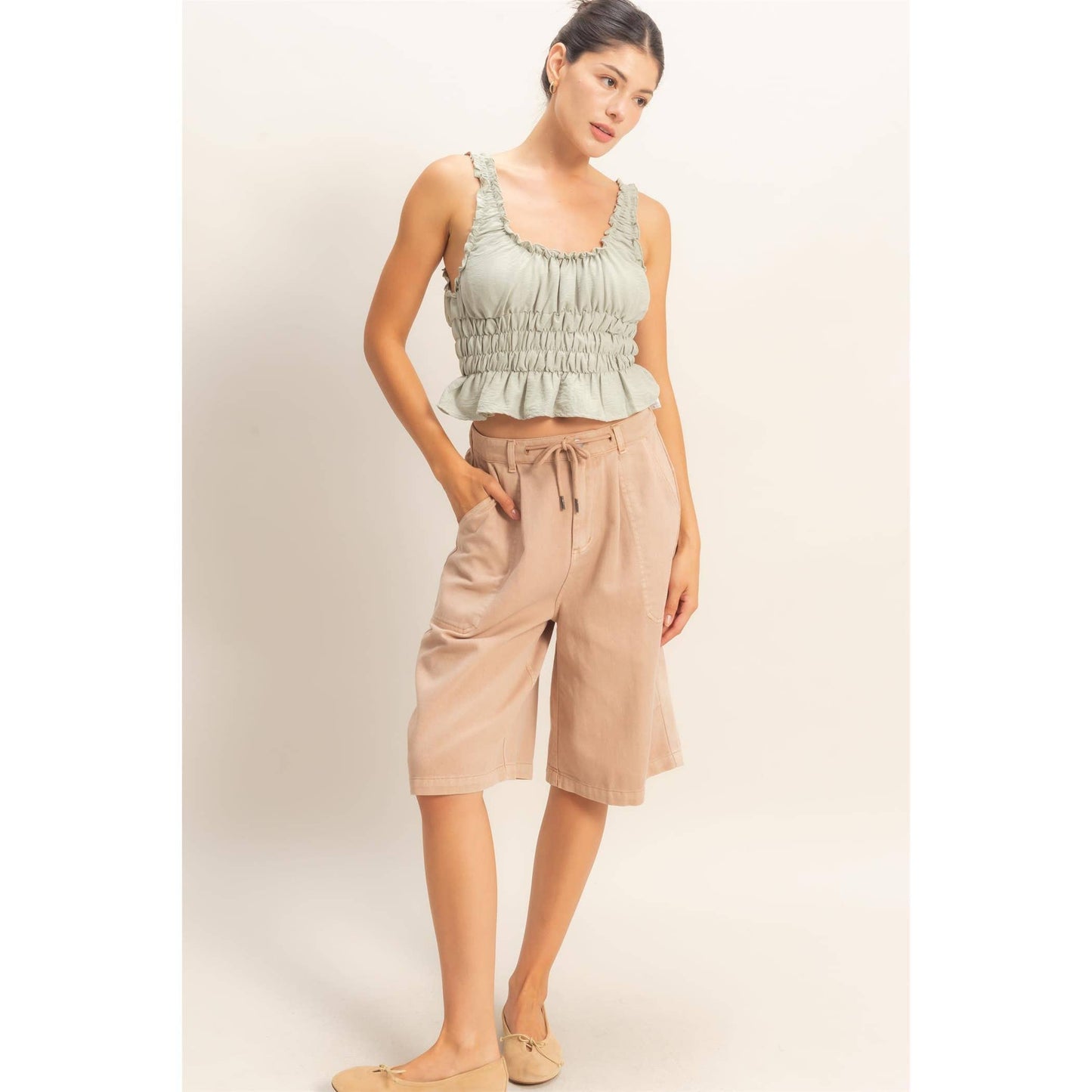 Drawstring Waist Wide Leg Jorts
