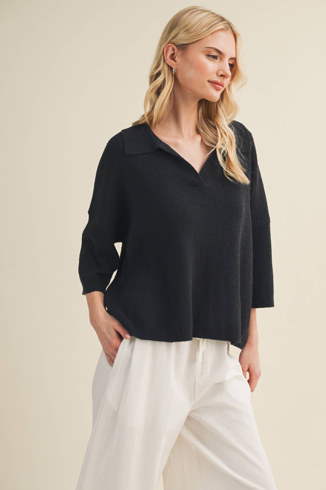 Polo Collar Open V-Neck Pullover