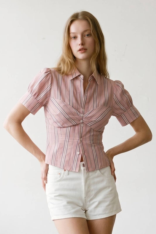Striped Puff Sleeve Layered Blouse