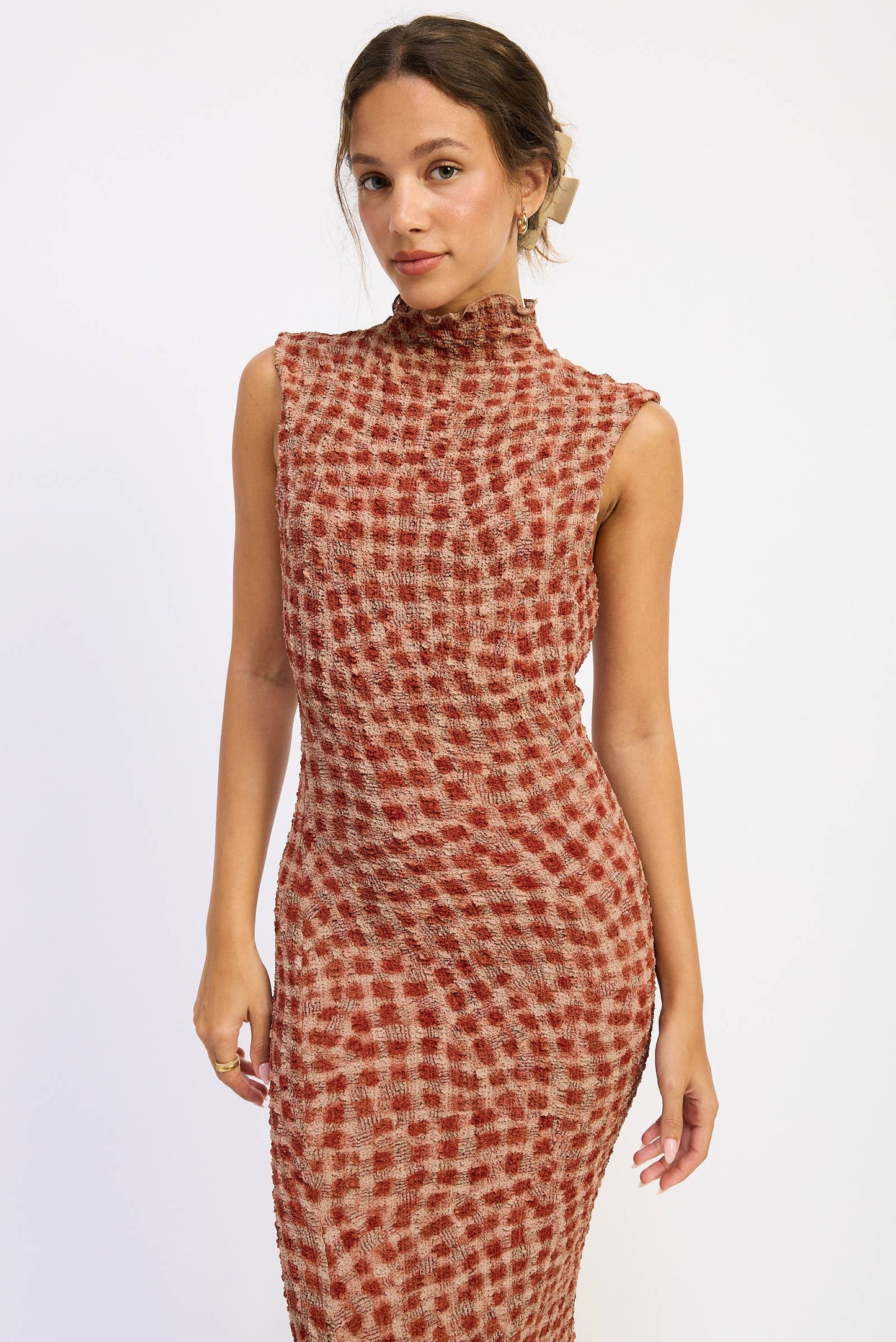SMOCKED MAXI RUFFLE DRESS WITH MOCK NECK
