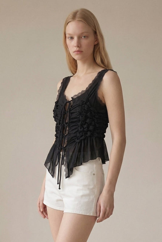 Sleeveless Front Tie Ruched Top