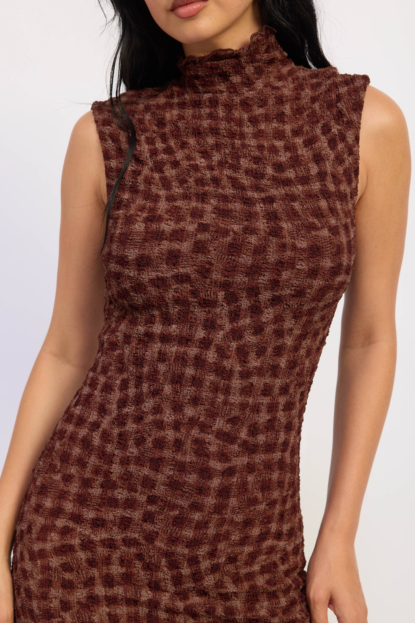 SMOCKED MAXI RUFFLE DRESS WITH MOCK NECK