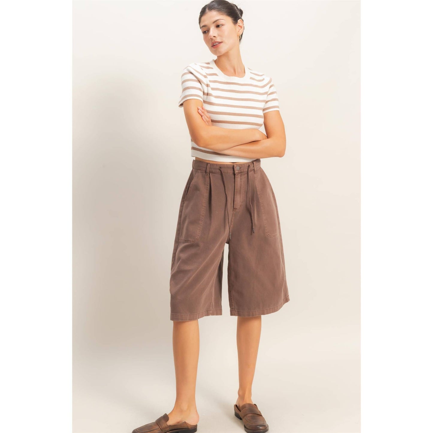 Drawstring Waist Wide Leg Jorts