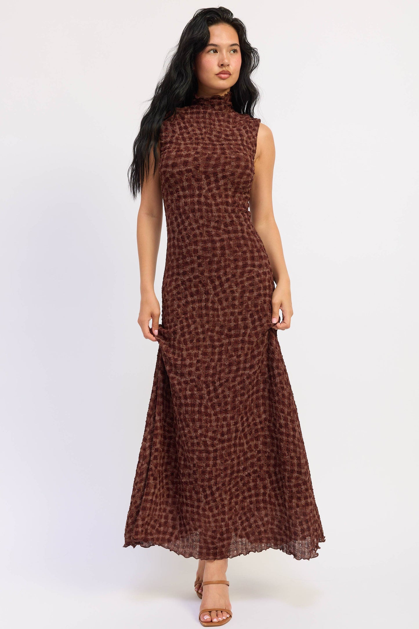 SMOCKED MAXI RUFFLE DRESS WITH MOCK NECK