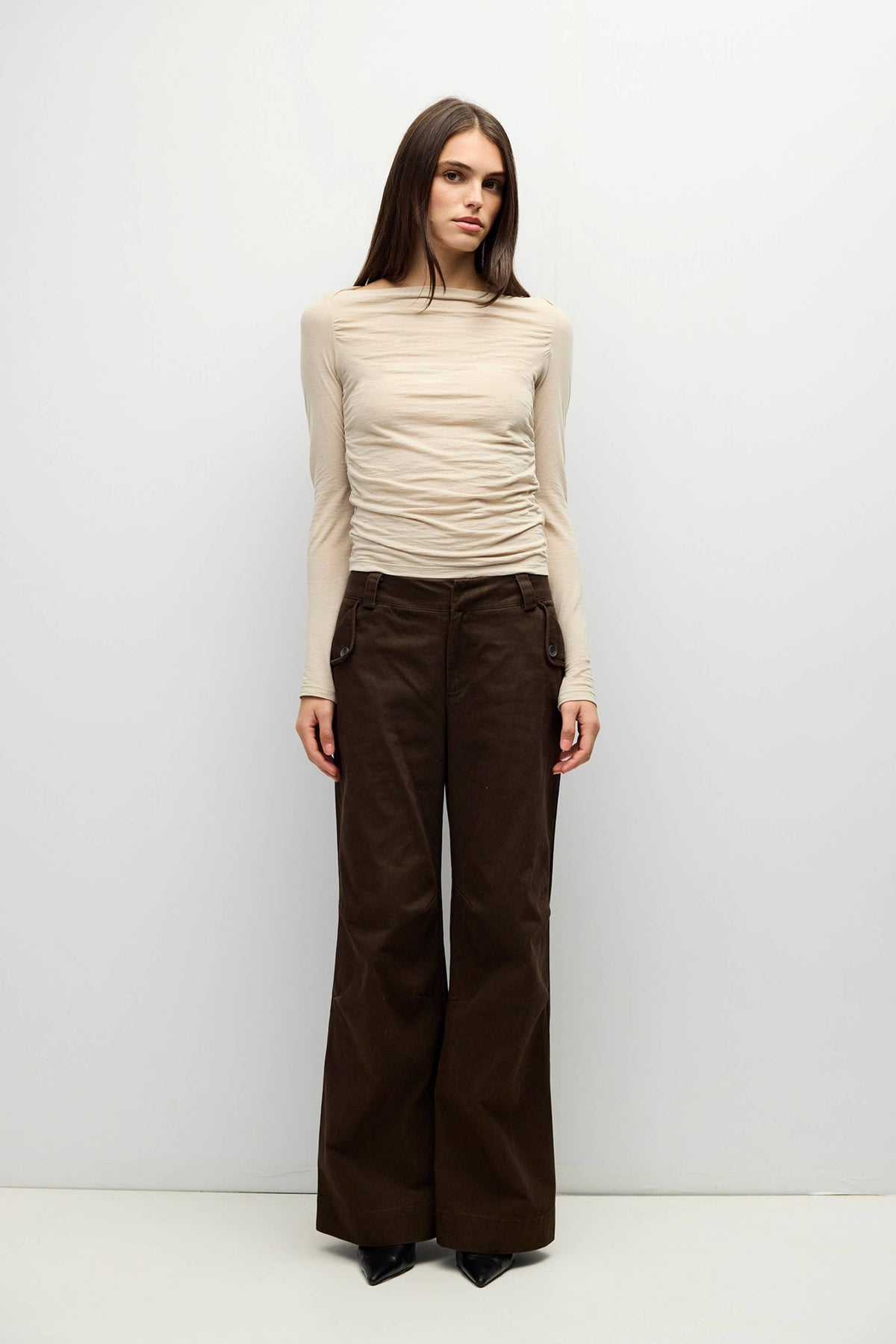 The April Top | Wide Neck Pleated Knit LS Top