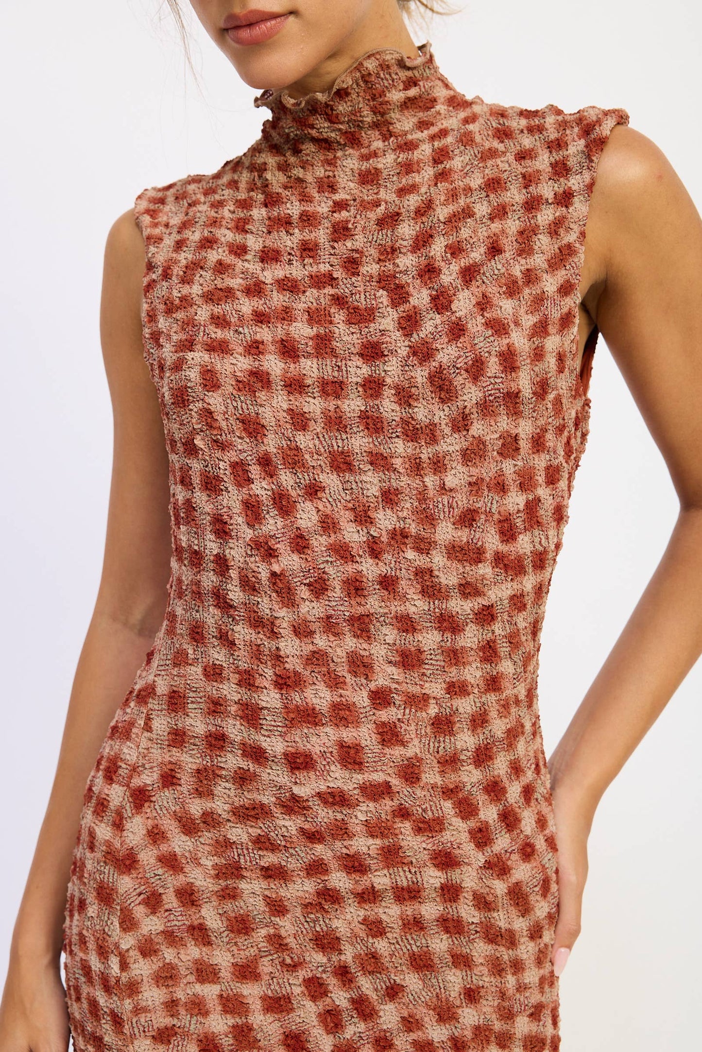 SMOCKED MAXI RUFFLE DRESS WITH MOCK NECK