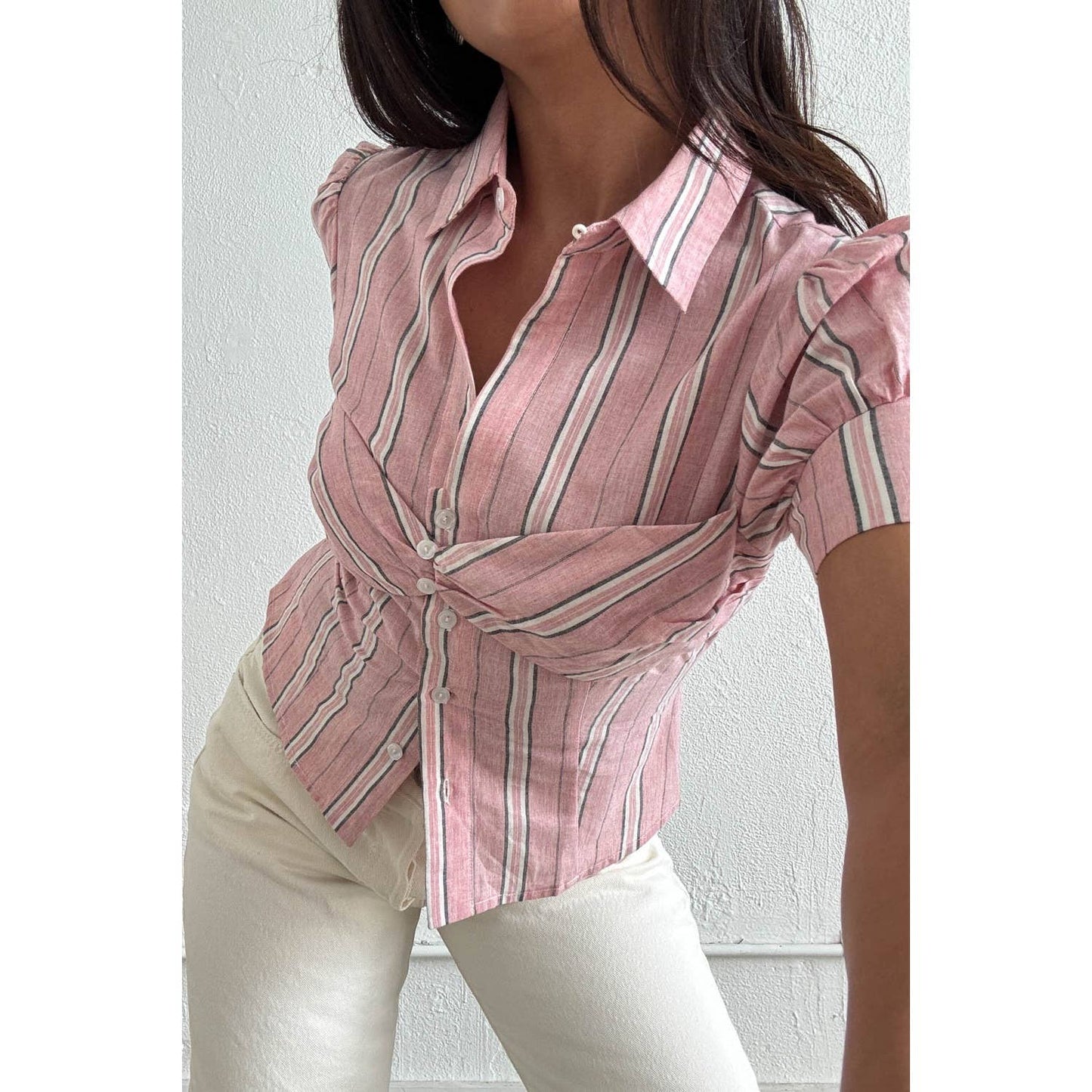 Striped Puff Sleeve Layered Blouse
