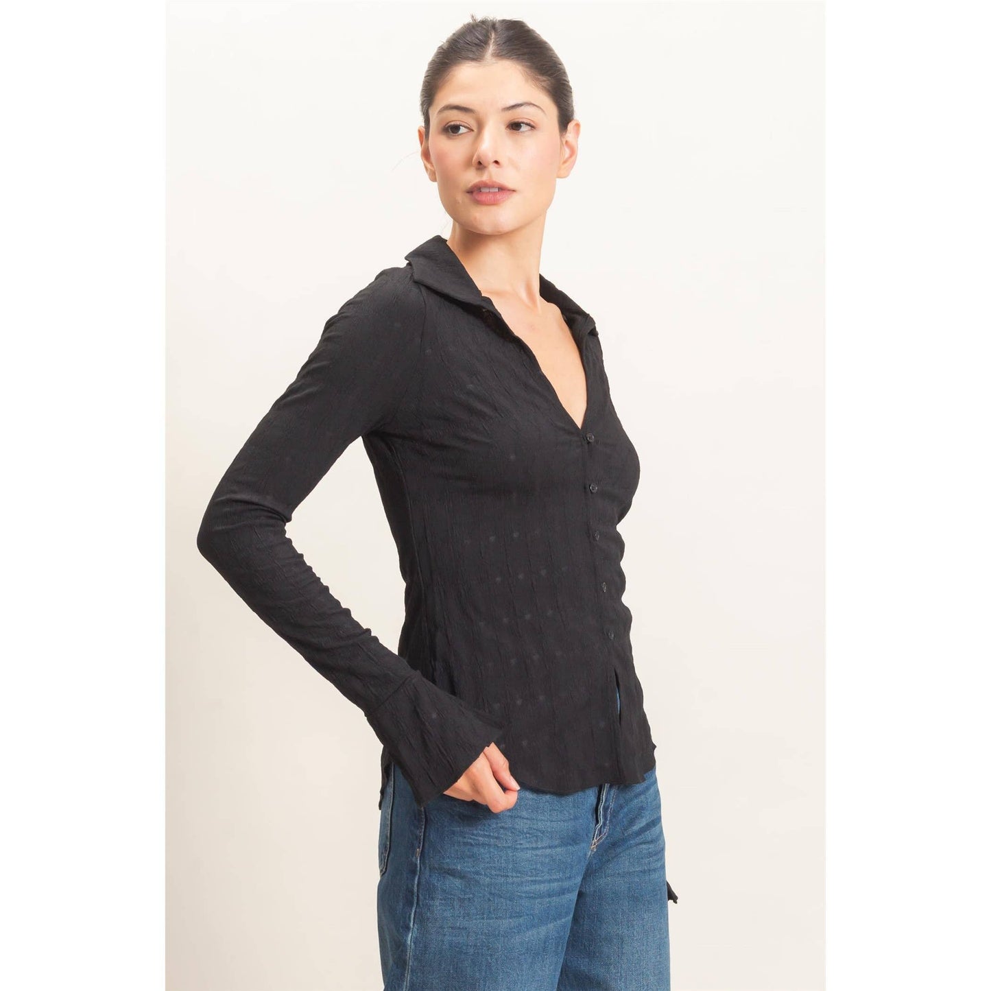Textured Button-Up Collared Top