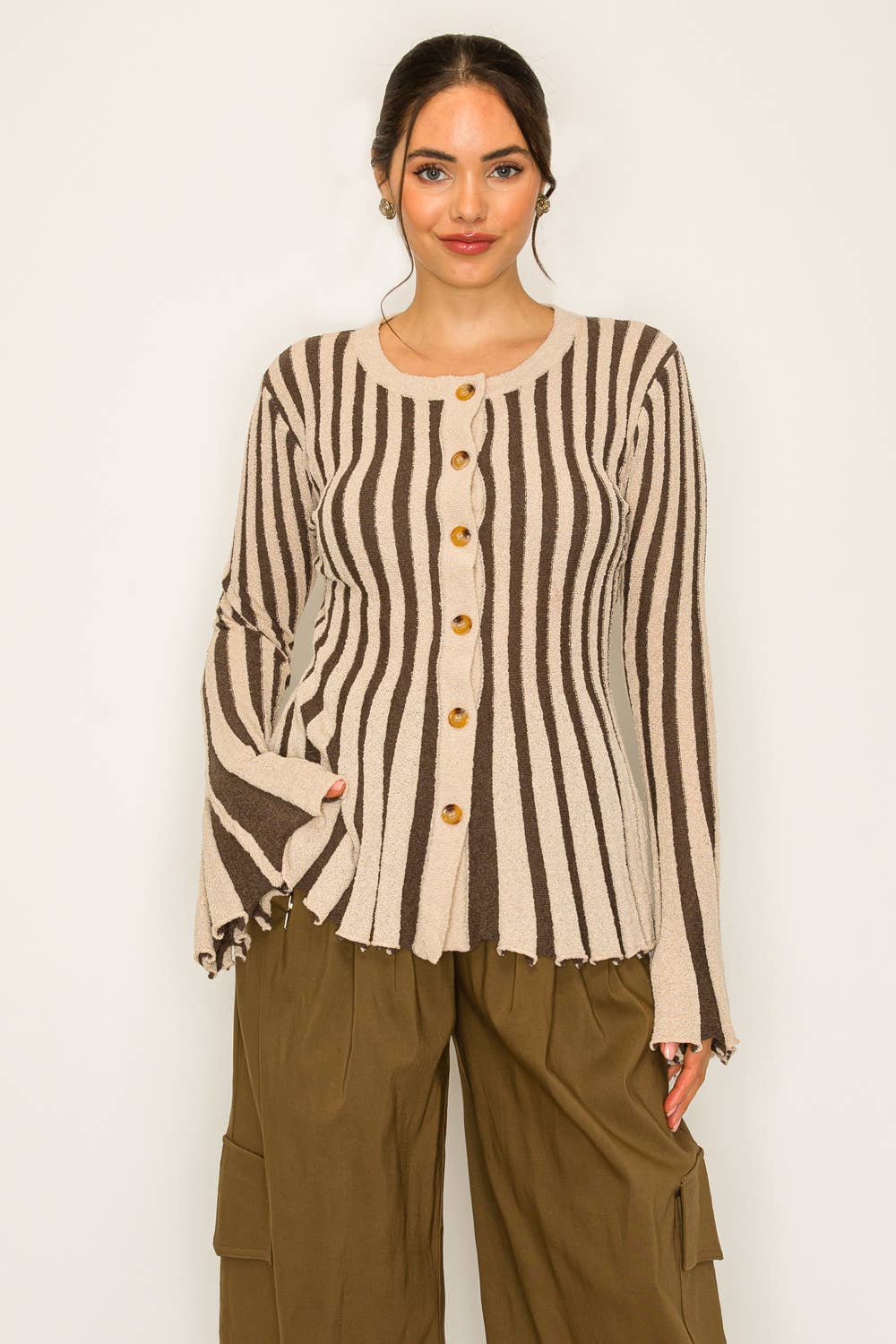 Stripe Textured Button-Up Knit Top