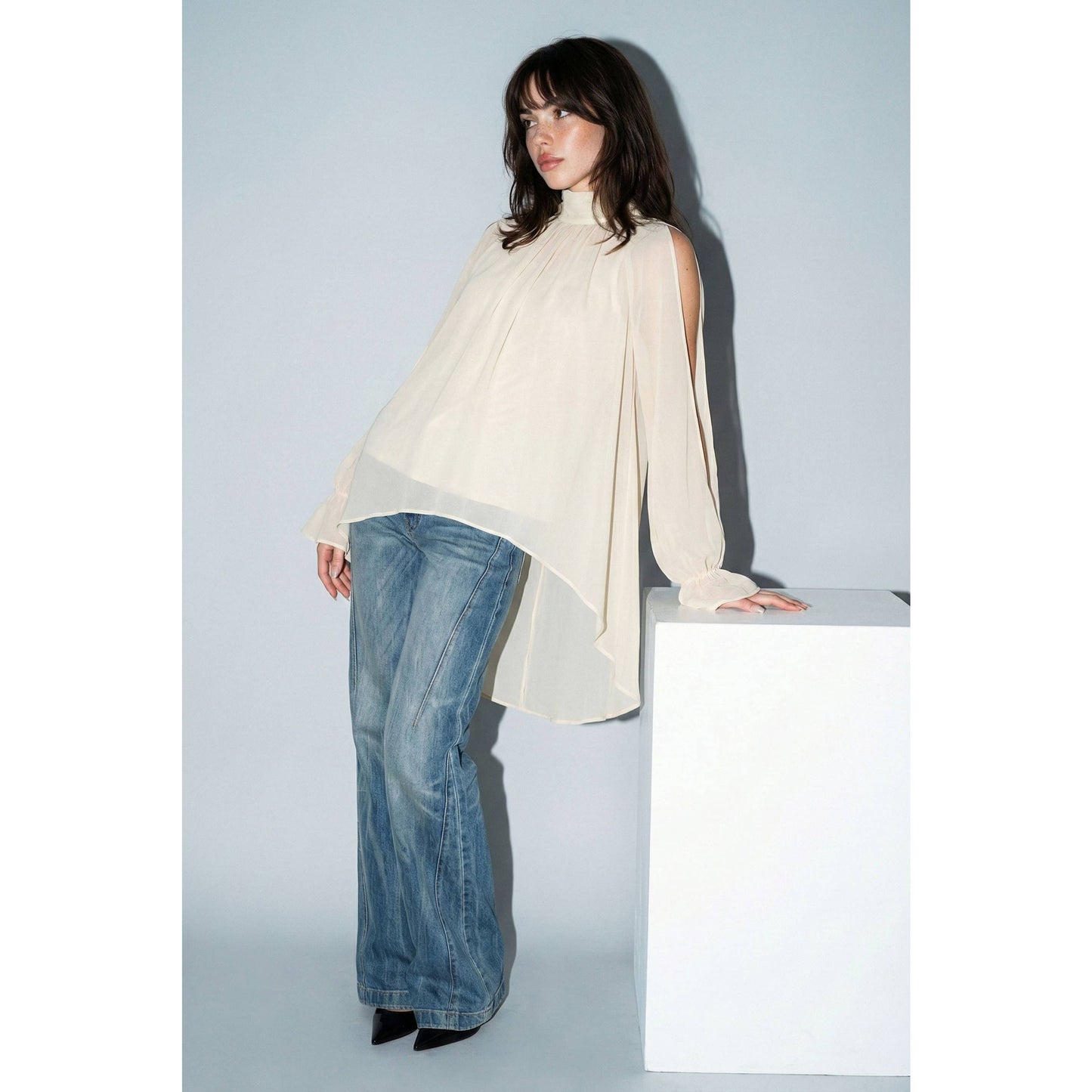 Chiffon Cold-Shoulder High-Low Top