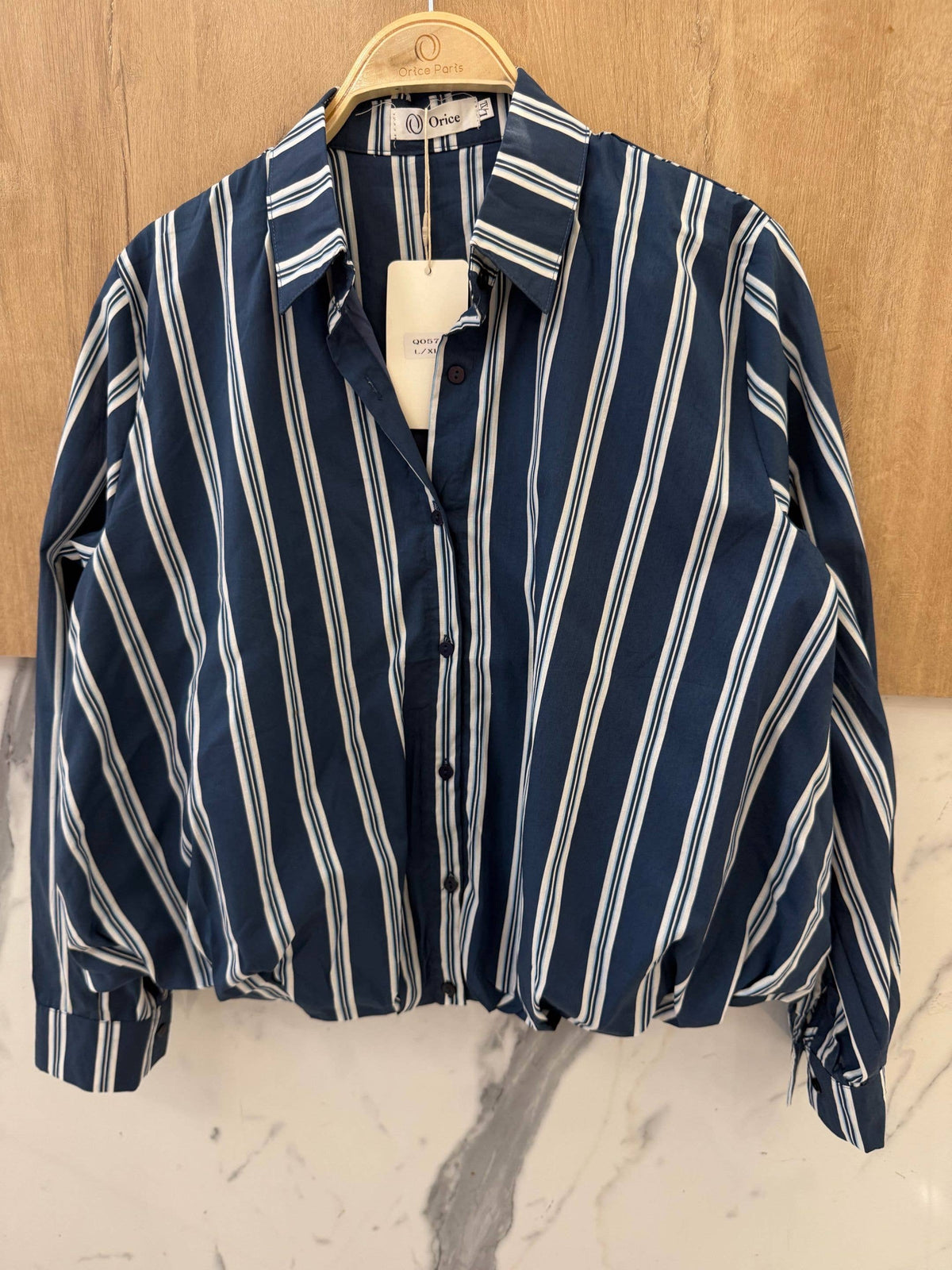 Striped Cotton Shirt with Pleats at the Hem Orice