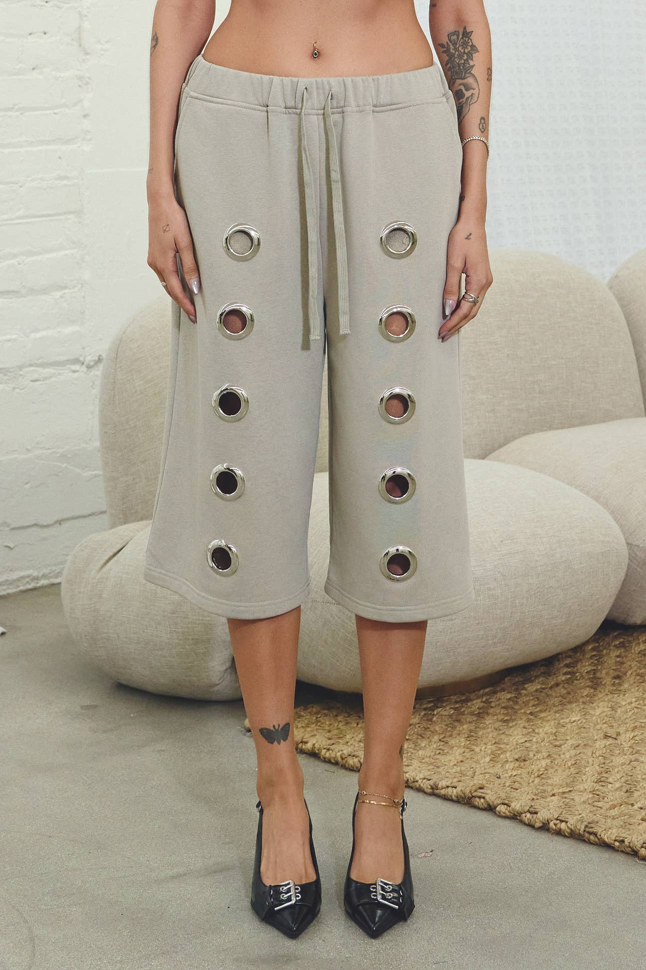 French terry bermuda shorts w/ oversize grommet detail