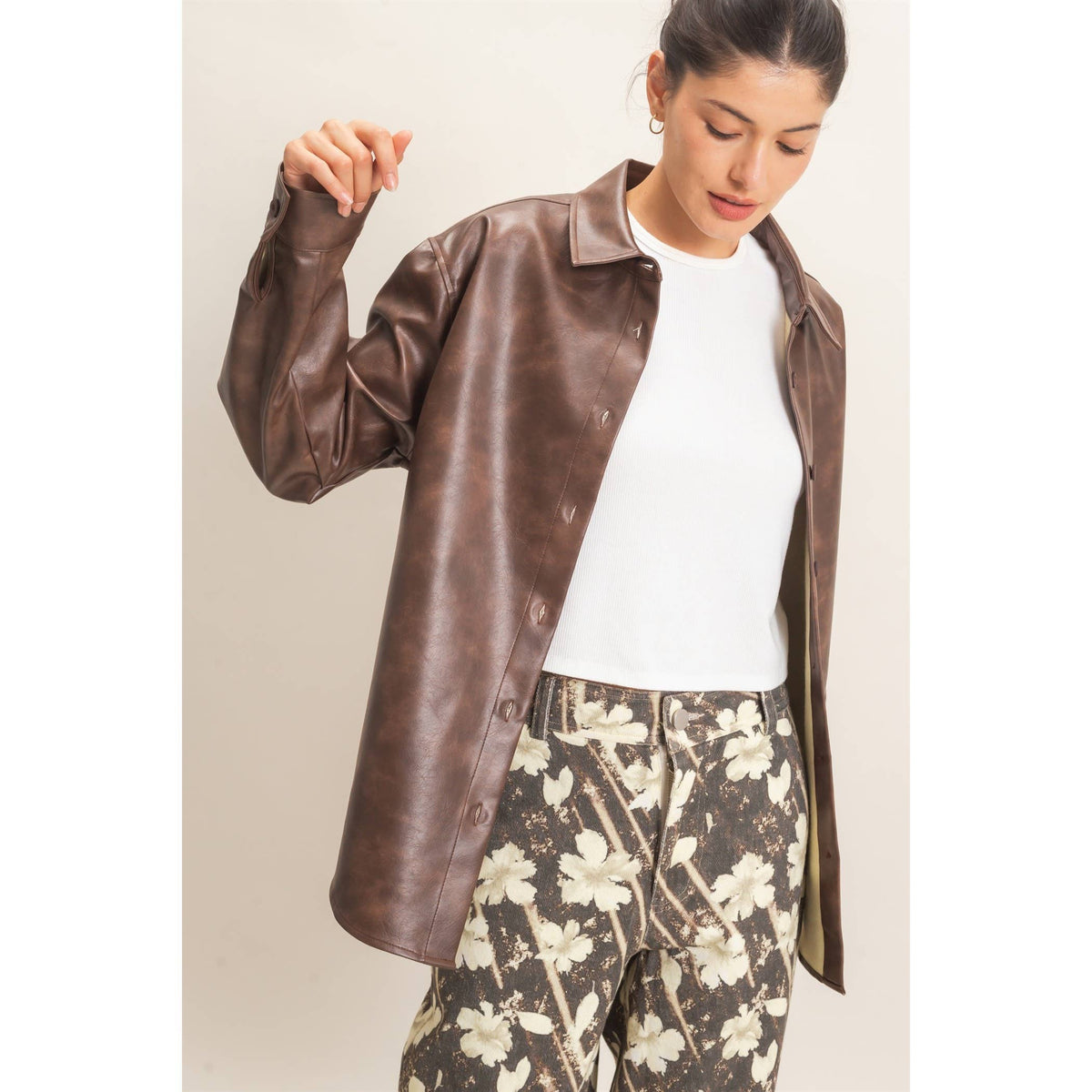 Faux Leather Button-Down Shirt