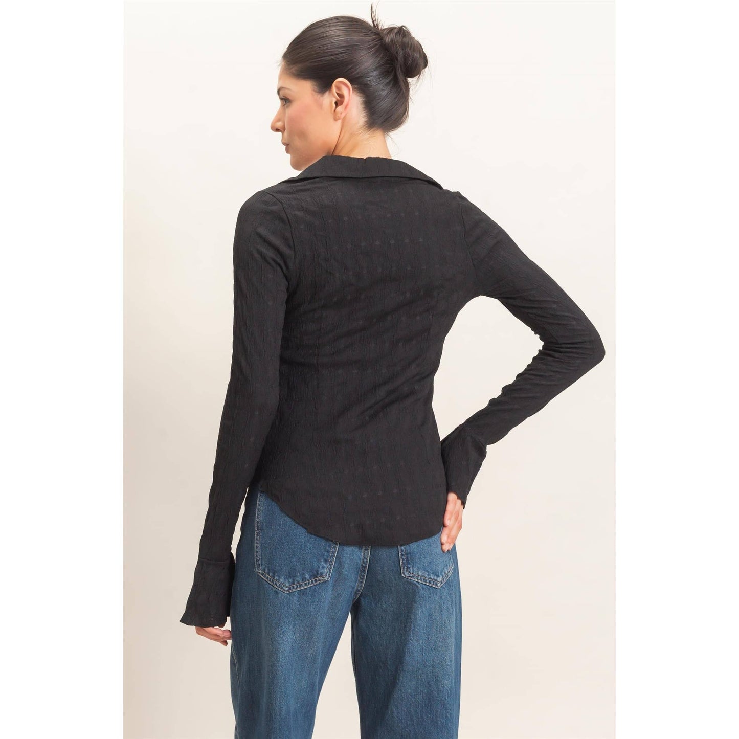 Textured Button-Up Collared Top