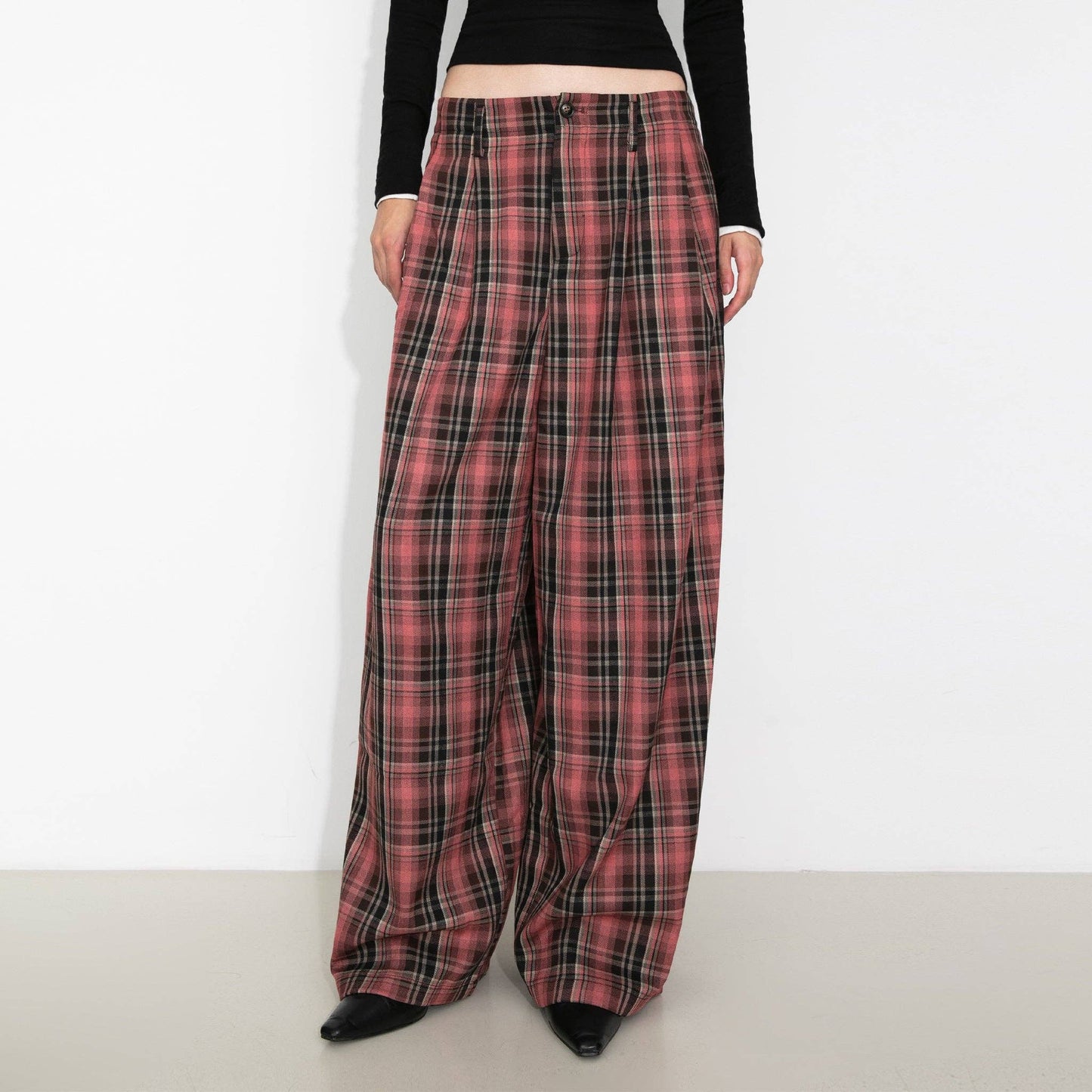 Striped Check Wide-Leg Draped Floor-Length Trousers