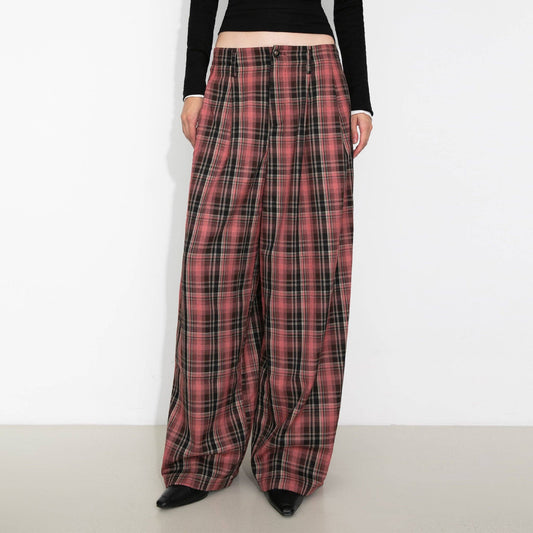 Striped Check Wide-Leg Draped Floor-Length Trousers