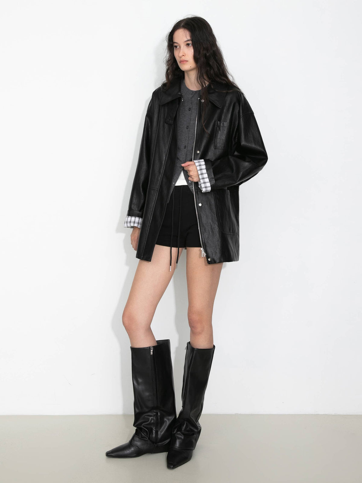 Stand Collar Oversized Leather Jacket
