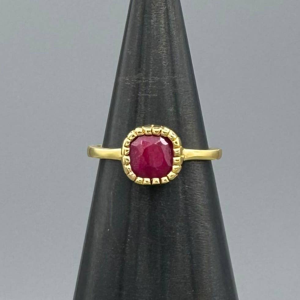 Gold Square Ruby Textured Bezel Ring