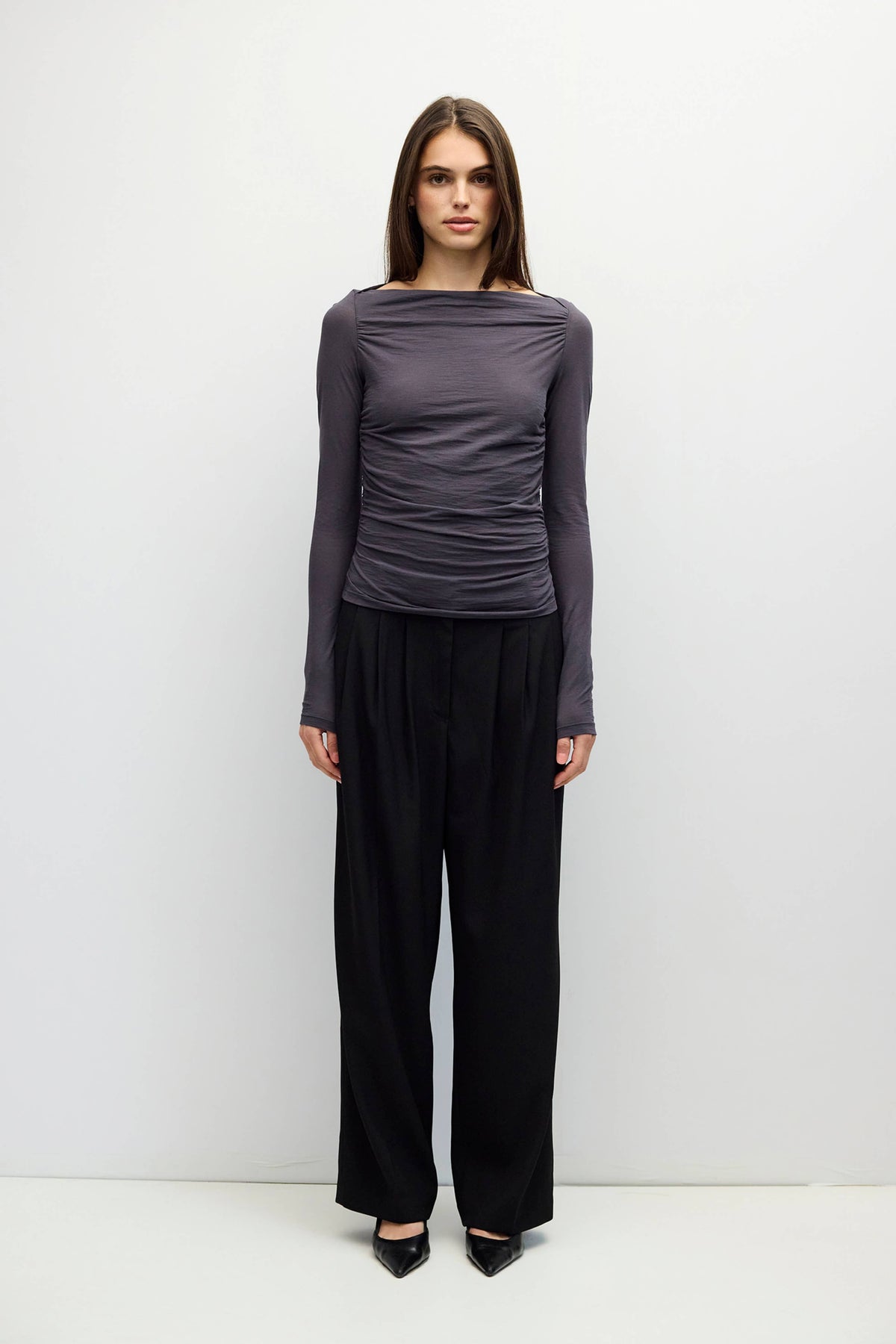 The April Top | Wide Neck Pleated Knit LS Top