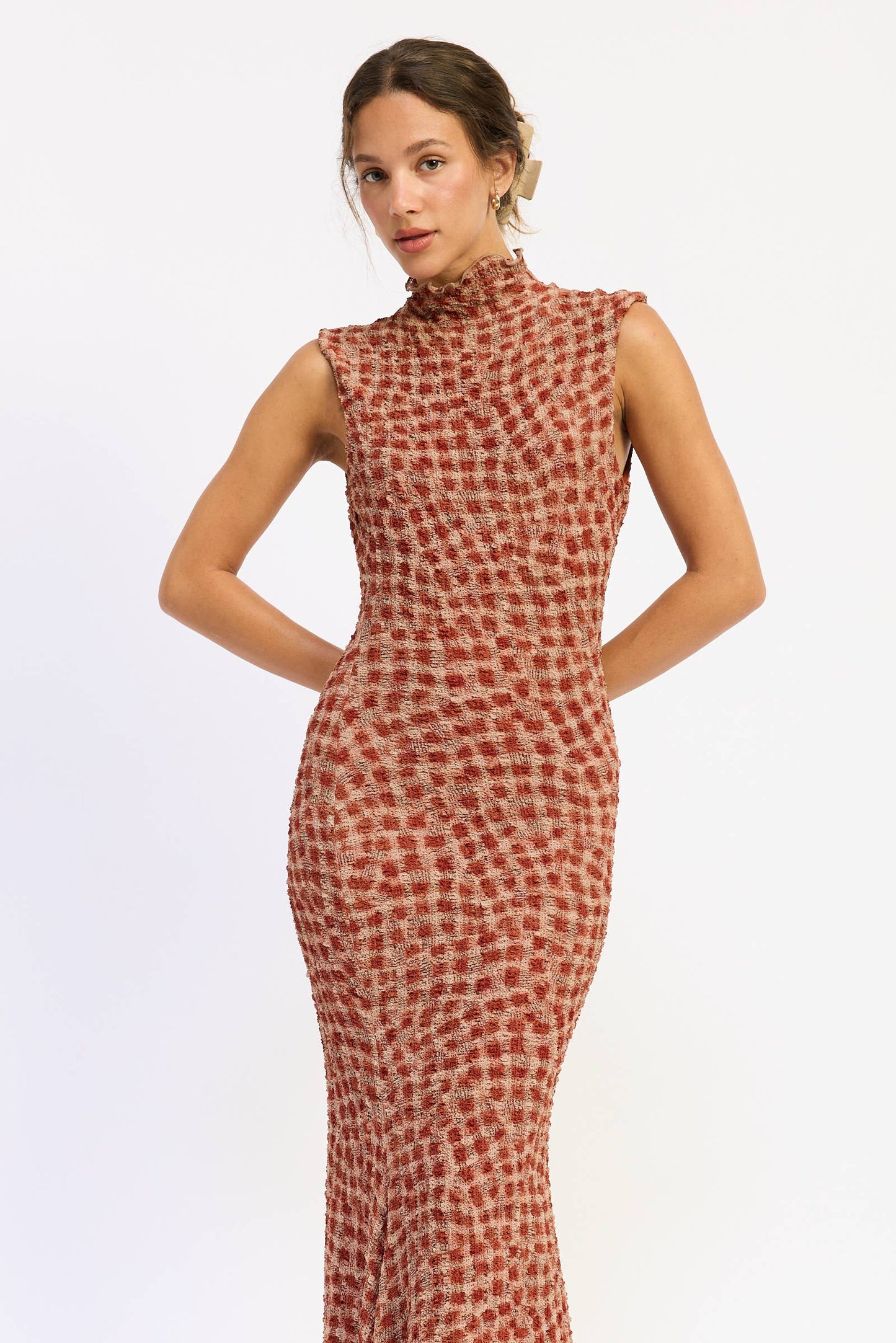 SMOCKED MAXI RUFFLE DRESS WITH MOCK NECK
