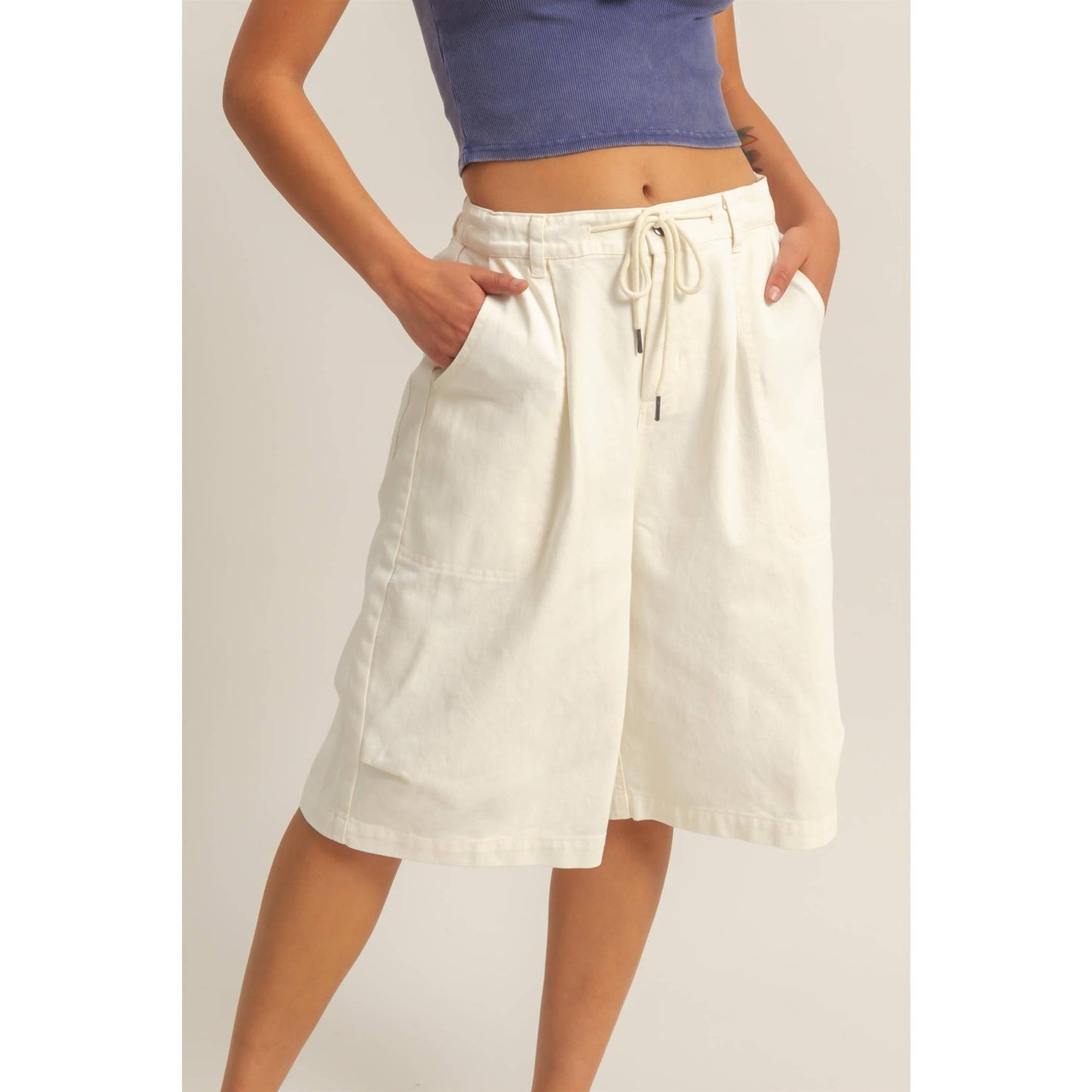 Drawstring Waist Wide Leg Jorts