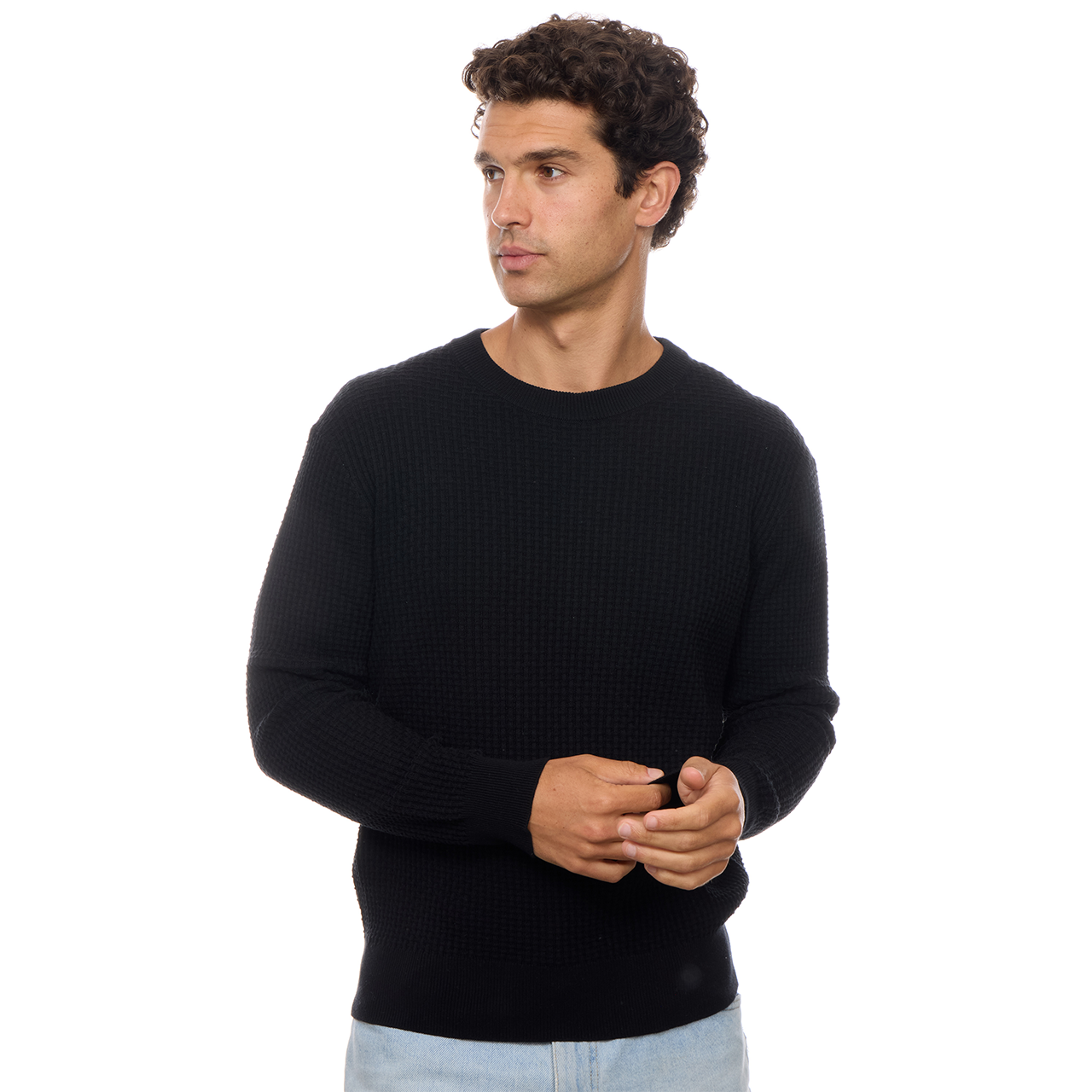 Allen Solid Textured 100% Cotton Sweater -Black