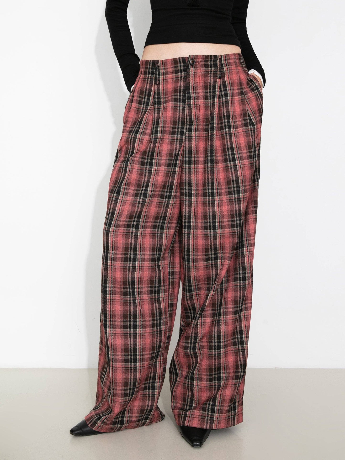 Striped Check Wide-Leg Draped Floor-Length Trousers