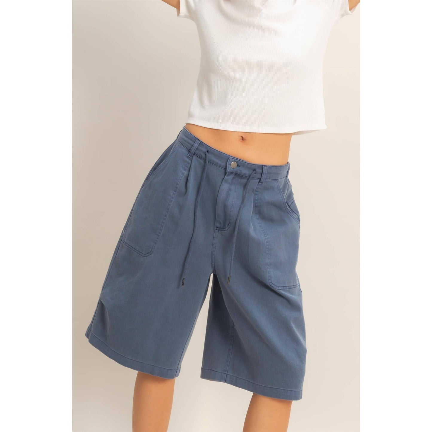 Drawstring Waist Wide Leg Jorts