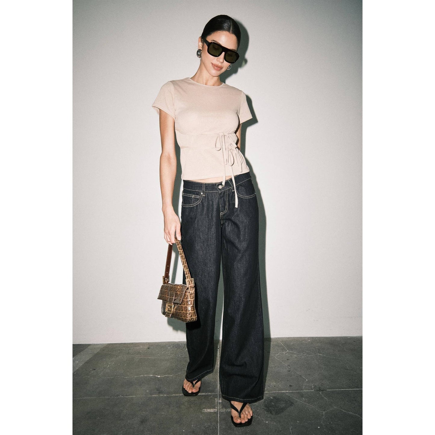 Amber Fine Knit Tie Waist Short Sleeve Tee Top