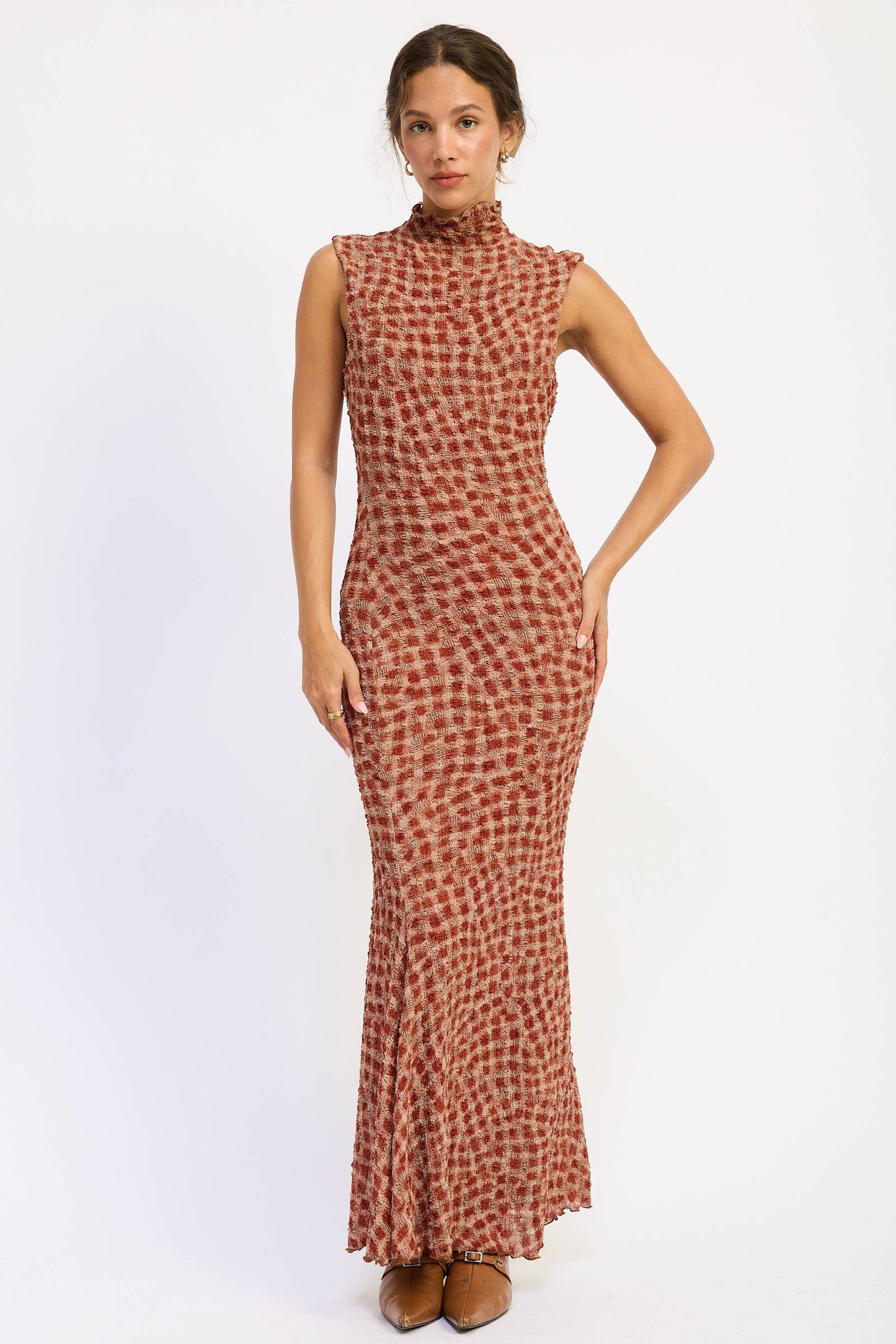SMOCKED MAXI RUFFLE DRESS WITH MOCK NECK