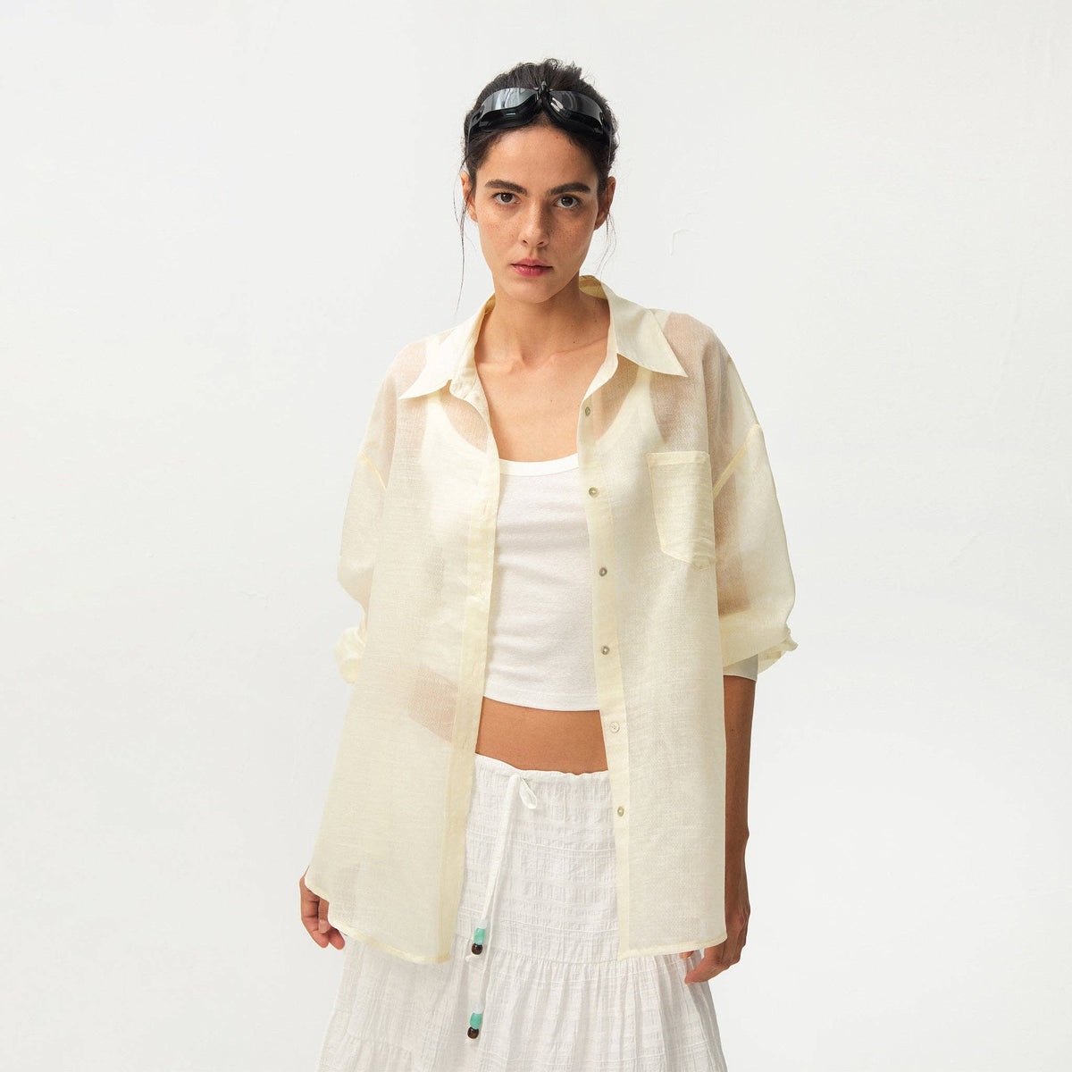 CUBIC Lyocell Oversized Sheer Button-Down Shirt