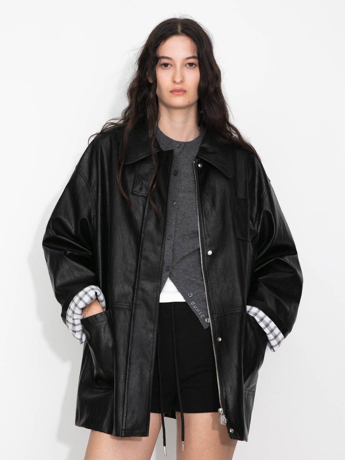 Stand Collar Oversized Leather Jacket