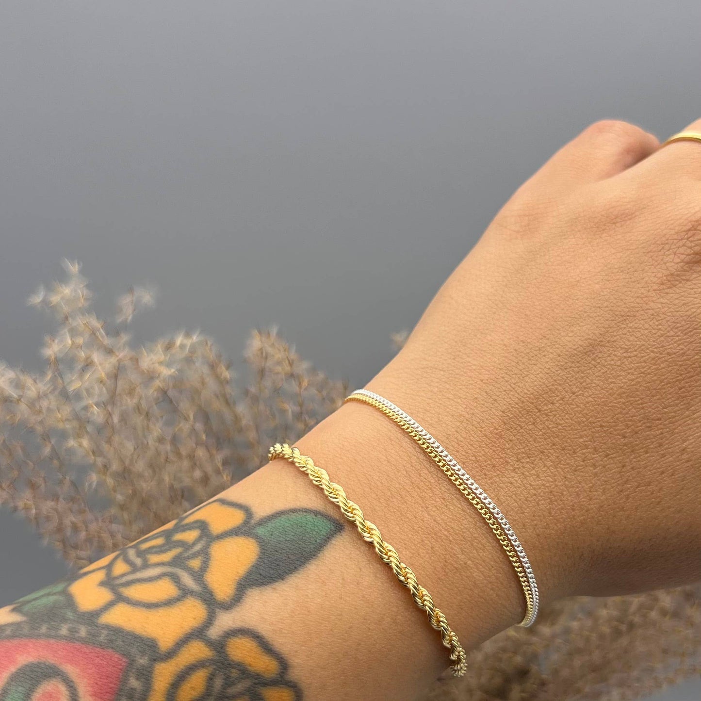 Two Tone Tiny Curb Double Strand Bracelet