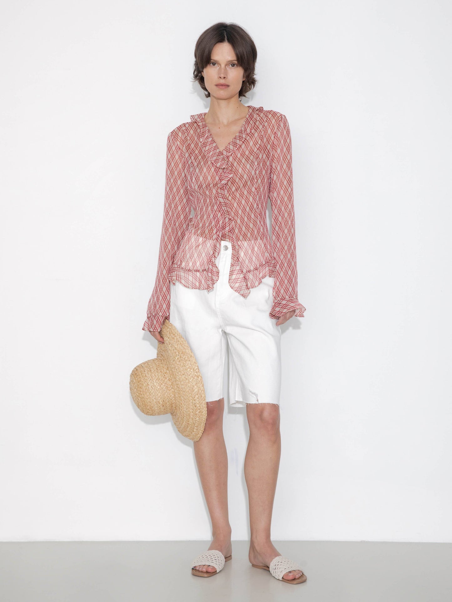 Semi-Sheer Ruffle Trim Check Shirt