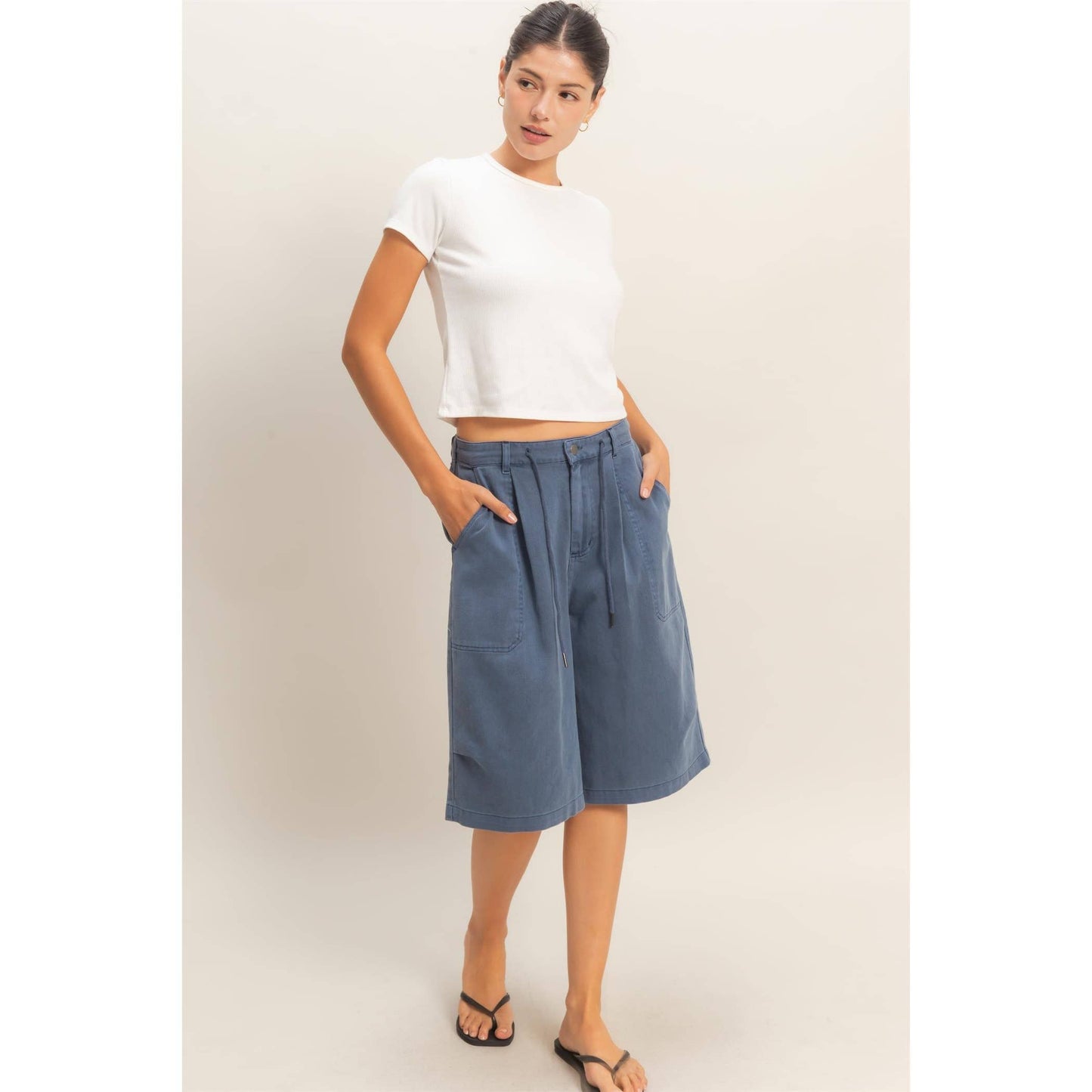 Drawstring Waist Wide Leg Jorts